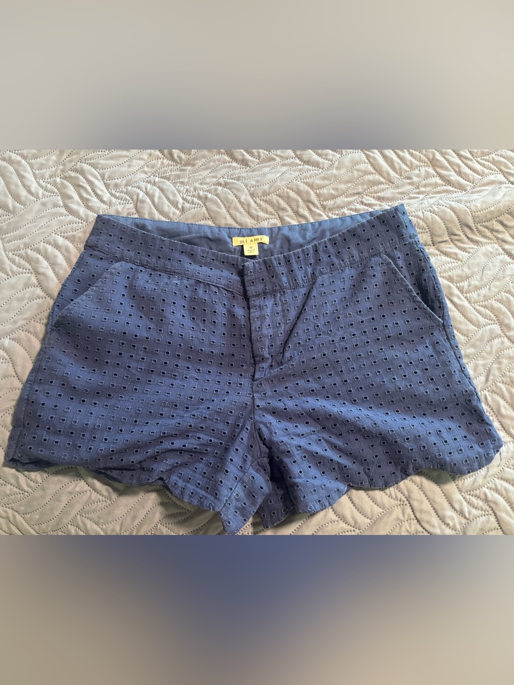 miami Navy Eyelet Scallop-Hem Bermuda Shorts